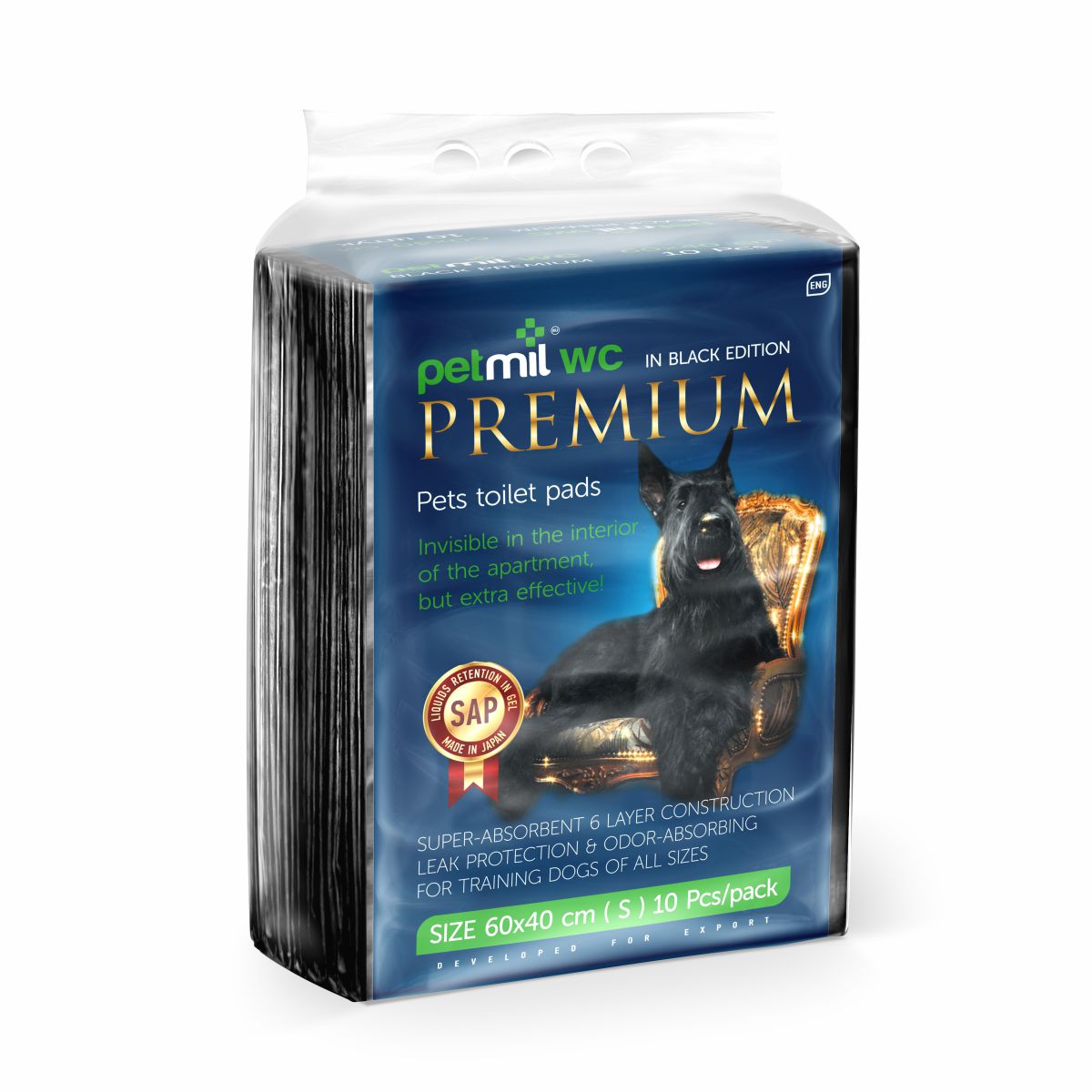 PETMIL WC BLACK PREMIUM Пеленка впитывающая черная 60*40 см по 10 шт.